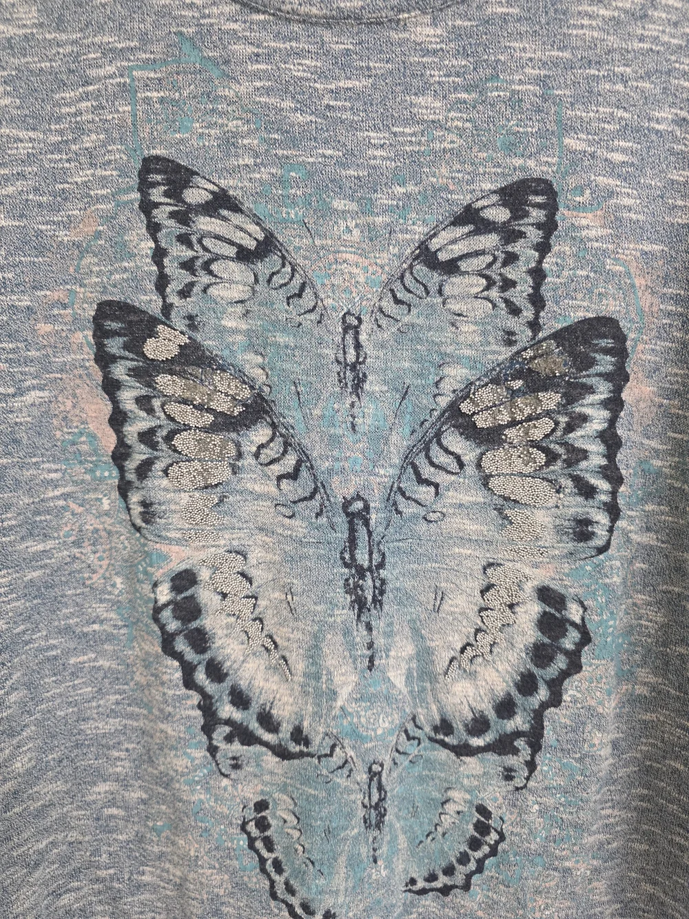 Relaxed Heather Blue Butterfly Long Sleeve Tee (0699)